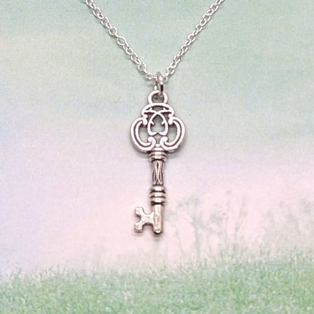 Dainty Gothic Celtic Knotwork Key Silver Necklace
